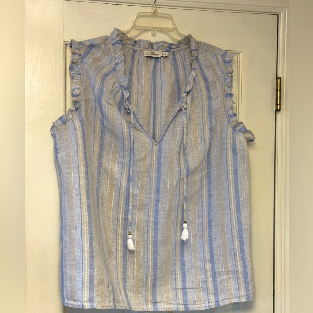 Vineyard Vines Blue and White Ruffled Tie Front Blouse